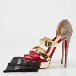 Pre Owned Christian Louboutin Gold/Pink Satin, Leather and Glitter Ambertina Platform Sandals Size 41