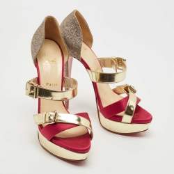 Pre Owned Christian Louboutin Gold/Pink Satin, Leather and Glitter Ambertina Platform Sandals Size 41