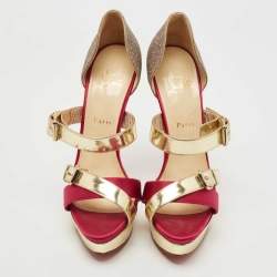 Pre Owned Christian Louboutin Gold/Pink Satin, Leather and Glitter Ambertina Platform Sandals Size 41