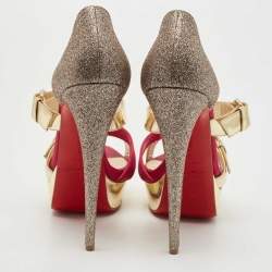 Pre Owned Christian Louboutin Gold/Pink Satin, Leather and Glitter Ambertina Platform Sandals Size 41