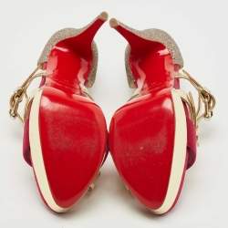 Pre Owned Christian Louboutin Gold/Pink Satin, Leather and Glitter Ambertina Platform Sandals Size 41
