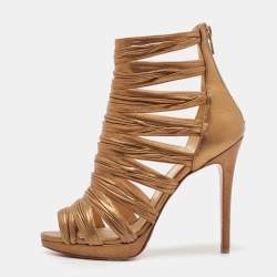 Christian Louboutin Gold Leather Tinazata Open Toe Ankle  Boots Size 37