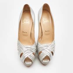Pre Owned Christian Louboutin Silver Pleated Leather Criss Cross Peep Toe Platform Pumps Size 41