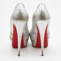 Pre Owned Christian Louboutin Silver Pleated Leather Criss Cross Peep Toe Platform Pumps Size 41