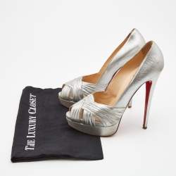 Pre Owned Christian Louboutin Silver Pleated Leather Criss Cross Peep Toe Platform Pumps Size 41