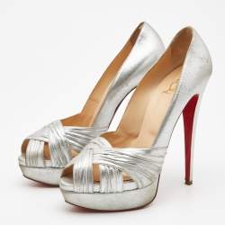 Pre Owned Christian Louboutin Silver Pleated Leather Criss Cross Peep Toe Platform Pumps Size 41