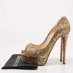 Pre Owned Christian Louboutin Gold Brocade Fabric Lady Peep Pumps Size 40.5