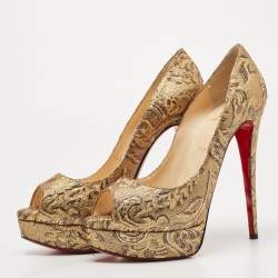 Pre Owned Christian Louboutin Gold Brocade Fabric Lady Peep Pumps Size 40.5