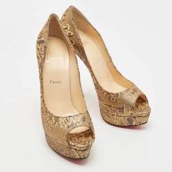 Pre Owned Christian Louboutin Gold Brocade Fabric Lady Peep Pumps Size 40.5
