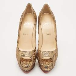 Pre Owned Christian Louboutin Gold Brocade Fabric Lady Peep Pumps Size 40.5