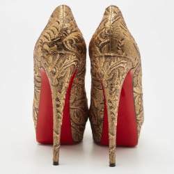 Pre Owned Christian Louboutin Gold Brocade Fabric Lady Peep Pumps Size 40.5