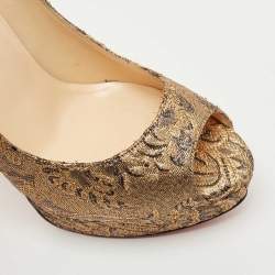 Pre Owned Christian Louboutin Gold Brocade Fabric Lady Peep Pumps Size 40.5