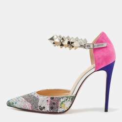 Pre Owned Christian Louboutin Silver/Pink Sequins and Suede Planet Chic Pumps Size 36