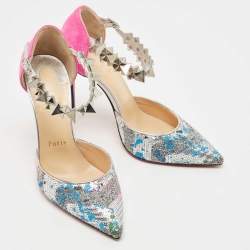 Pre Owned Christian Louboutin Silver/Pink Sequins and Suede Planet Chic Pumps Size 36