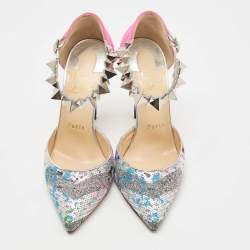 Pre Owned Christian Louboutin Silver/Pink Sequins and Suede Planet Chic Pumps Size 36