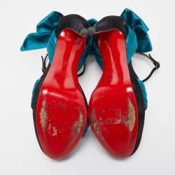 Pre Owned Christian Louboutin Teal/Black Satin and Suede Vampanodo Sandals Size 40.5
