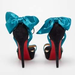Pre Owned Christian Louboutin Teal/Black Satin and Suede Vampanodo Sandals Size 40.5