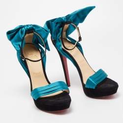 Pre Owned Christian Louboutin Teal/Black Satin and Suede Vampanodo Sandals Size 40.5