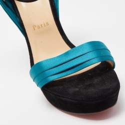 Pre Owned Christian Louboutin Teal/Black Satin and Suede Vampanodo Sandals Size 40.5