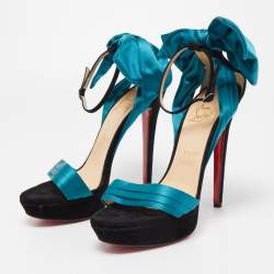 Pre Owned Christian Louboutin Teal/Black Satin and Suede Vampanodo Sandals Size 40.5