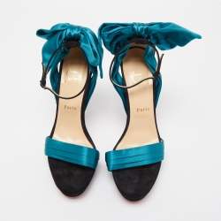 Pre Owned Christian Louboutin Teal/Black Satin and Suede Vampanodo Sandals Size 40.5