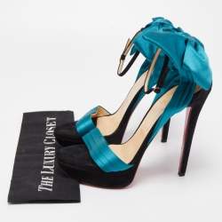 Pre Owned Christian Louboutin Teal/Black Satin and Suede Vampanodo Sandals Size 40.5