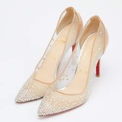 Christian Louboutin Beige/Black Mesh and Leather Follies Strass Pumps Size  39.5 Christian Louboutin