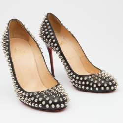 Pre Owned Christian Louboutin Black Leather Fifi Spike Round Toe Pumps Size 39