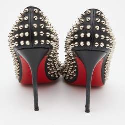 Pre Owned Christian Louboutin Black Leather Fifi Spike Round Toe Pumps Size 39
