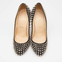 Pre Owned Christian Louboutin Black Leather Fifi Spike Round Toe Pumps Size 39