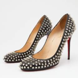 Pre Owned Christian Louboutin Black Leather Fifi Spike Round Toe Pumps Size 39