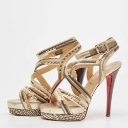Pre Owned Christian Louboutin Brown/Beige Leather Strappy Platform Sandals Size 38.5