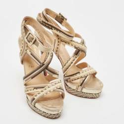 Pre Owned Christian Louboutin Brown/Beige Leather Strappy Platform Sandals Size 38.5