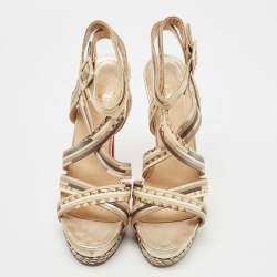 Pre Owned Christian Louboutin Brown/Beige Leather Strappy Platform Sandals Size 38.5