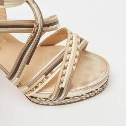 Pre Owned Christian Louboutin Brown/Beige Leather Strappy Platform Sandals Size 38.5