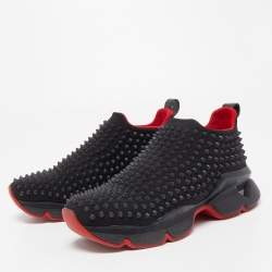 Pre Owned Christian Louboutin Black Fabric Spike Sock Sneakers Size 37