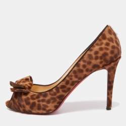 Pre Owned Christian Louboutin Brown Leopard Print Calf Hair Bow Peep Toe Pumps Size 37.5
