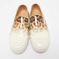 Pre Owned Christian Louboutin Tricolor Leopard Print Patent Leather Spike Slip-On Sneakers Size 37.5