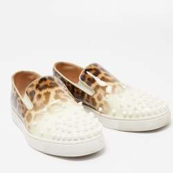 Pre Owned Christian Louboutin Tricolor Leopard Print Patent Leather Spike Slip-On Sneakers Size 37.5