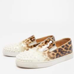 Pre Owned Christian Louboutin Tricolor Leopard Print Patent Leather Spike Slip-On Sneakers Size 37.5