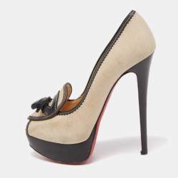 Pre Owned Christian Louboutin Beige/Black Canvas and Leather Alta Campus Pumps Size 36.5