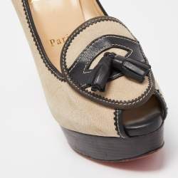 Pre Owned Christian Louboutin Beige/Black Canvas and Leather Alta Campus Pumps Size 36.5