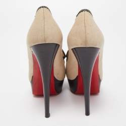Pre Owned Christian Louboutin Beige/Black Canvas and Leather Alta Campus Pumps Size 36.5