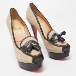 Pre Owned Christian Louboutin Beige/Black Canvas and Leather Alta Campus Pumps Size 36.5