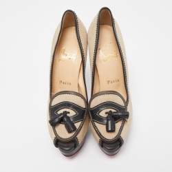 Pre Owned Christian Louboutin Beige/Black Canvas and Leather Alta Campus Pumps Size 36.5