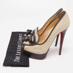 Pre Owned Christian Louboutin Beige/Black Canvas and Leather Alta Campus Pumps Size 36.5