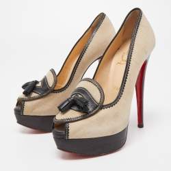 Pre Owned Christian Louboutin Beige/Black Canvas and Leather Alta Campus Pumps Size 36.5