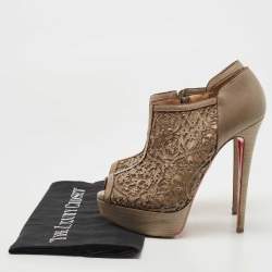 Christian Louboutin Brown Laser-Cut Leather Pampas 150 Peep Toe Ankle Boots Size 36.5