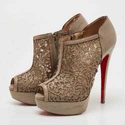 Christian Louboutin Brown Laser-Cut Leather Pampas 150 Peep Toe Ankle Boots Size 36.5