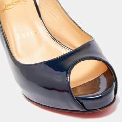 مملوكة مسبقًا Christian Louboutin Navy Blue Patent Leather Private Number Peep Toe Slingback Sandals Size 37